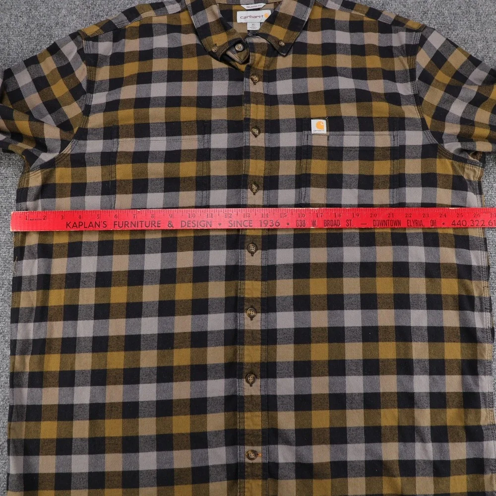 Carhartt Mens Relaxed Fit Plaid Button Down Flannel Shirt XL Tall Mustard Gray